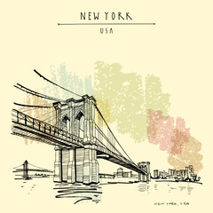 Vector New York, USA postcard. Hand drawn vintage NY touristic poster. Brooklyn bridge. Travel sketch. Artistic vintage hand drawing, greeting card, art print