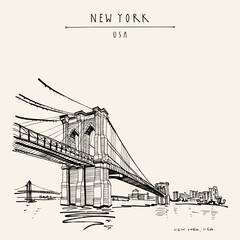 Vector New York, USA postcard. Hand drawn vintage NY touristic poster. Brooklyn bridge. Travel sketch. Artistic vintage hand drawing, greeting card, art print - obrazy, fototapety, plakaty
