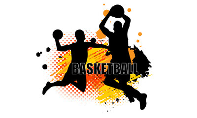 basketball player silhouette are playing with typography and splatter graphic on white background