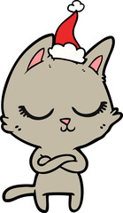 calm line drawing of a cat wearing santa hat