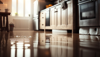 Flooding in the house interior, insurance case. Flood background with copy space. AI generative image.
