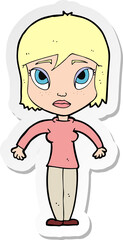 sticker of a cartoon woman shrugging shoulders