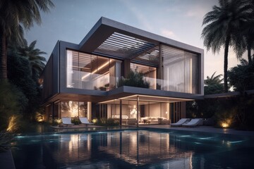 Fototapeta premium luxurious house with a beautiful pool in the front yard. Generative AI