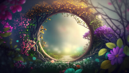 Beautiful enchanted landscape. Fantasy garden background. Magic meadow with spring blooming trees. Round floral frame with copy space in the middle. Fairy tale banner. AI generative image.