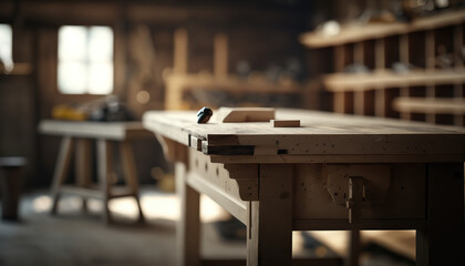 Abstract carpentry workshop with wooden table. Indoor background. AI generative image. - obrazy, fototapety, plakaty