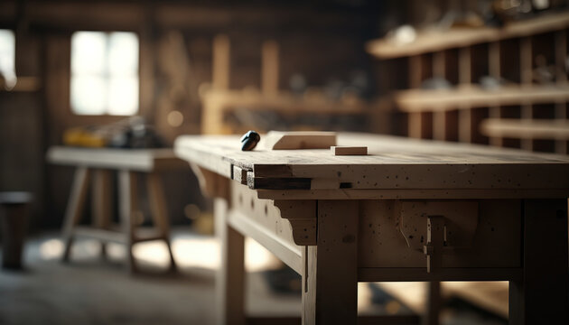 Abstract carpentry workshop with wooden table. Indoor background. AI generative image.