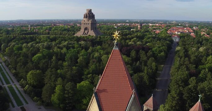 The monument to the battle of nations in Leipzig. Drone move back