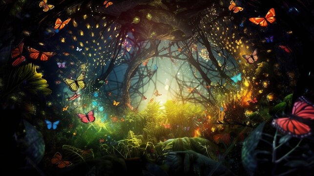 Beautiful fantasy enchanted forest with butterflies, flowers and copy space. Fairy tale outdoor background. AI generative image.