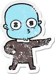 distressed sticker of a cartoon weird bald spaceman