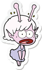 sticker of a cartoon shocked alien girl