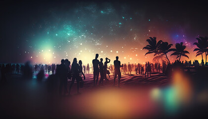 Night beach music party with blurred dancing people at the background. AI generative image.