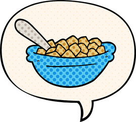 cartoon cereal bowl and speech bubble in comic book style