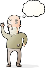 cartoon old man waving with thought bubble