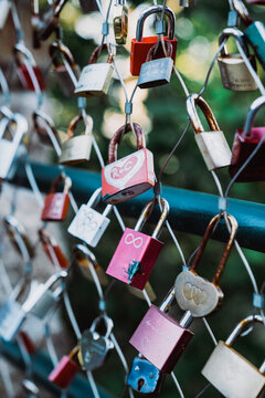 Love locks hanging on fence