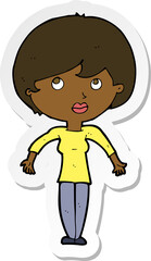 sticker of a cartoon woman shrugging shoulders
