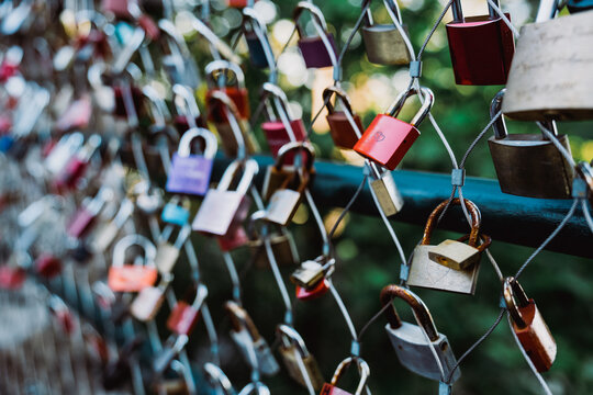 Love locks hanging on fence
