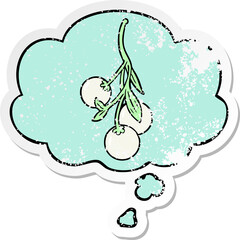 cartoon mistletoe and thought bubble as a distressed worn sticker