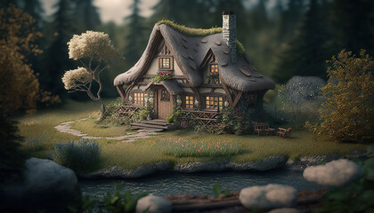 Cute fantasy cottage house, fairy tale illustration, autumn outdoor background. AI generative image.