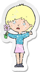 retro distressed sticker of a cartoon woman with flower