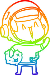 rainbow gradient line drawing happy cartoon astronaut with moon rock