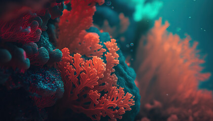 Beautiful underwater scene with coral reef ocean bottom background. Tropical marine nature backdrop. AI generative image.