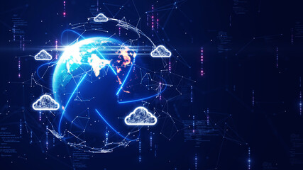 cloud and edge computing technology. Secure database storage is protected from unauthorized access and cyber threats. Polygons and interconnected global cloud network on dark blue background.