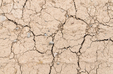 Top view of dry soil with cracks and fissures, climate change or global warming concept background, natural backdrop
