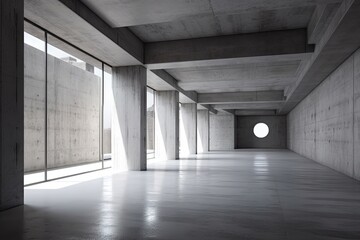 an empty concrete room with a circular window. Generative AI