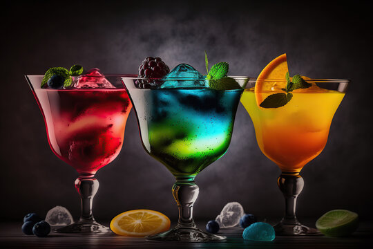 Different cocktails on counter with blurred bar background. AI generative images.