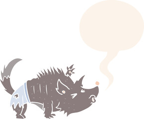cartoon halloween werewolf and speech bubble in retro style
