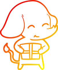 warm gradient line drawing cute cartoon elephant with gift