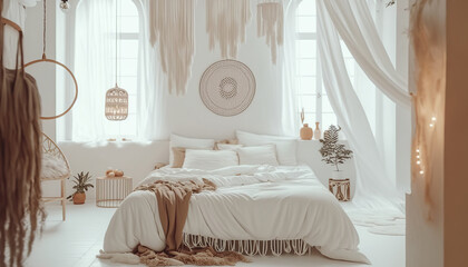 Cozy boho style bedroom interior with furniture and decorative elements. Bright natural light. Modern apartment design. Indoor horizontal background. AI generative image.