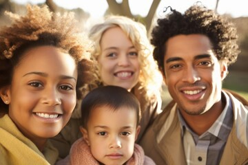 Happy family portrait. Mom dad daughter and son smiling, close up. Generative AI