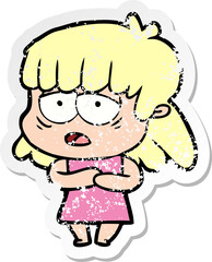 distressed sticker of a cartoon tired woman