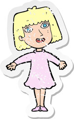 retro distressed sticker of a cartoon happy woman in dress