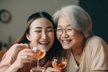 Young woman with older mother cuddling together. Mothers day. Generative ai