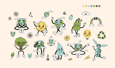 Groovy y2k retro eco cartoon elements set. Happy earth day ecology sticker design collection. Environment day trendy graphic. Isolated on white background. Ecological vector illustration