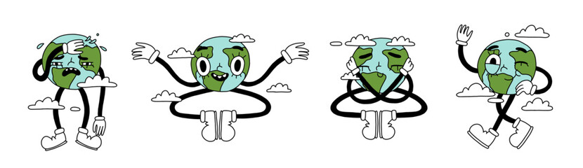 Groovy Earth Day characters mascot set. Our Planet Earth illustration in retro cartoon style. Cute Earth globe, different emotions. Happy Earth day card. Hand drawn isolated vector stickers collection