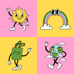 Groovy retro eco cartoon characters set. Happy earth day ecology elements design collection. Environment day trendy badges. Sun, eco bag, earth planet, rainbow, isolated 