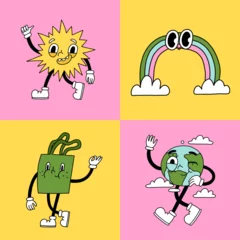 Fotobehang Groovy retro eco cartoon characters set. Happy earth day ecology elements design collection. Environment day trendy badges. Sun, eco bag, earth planet, rainbow, isolated  © cute_vector
