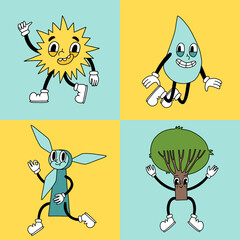 Groovy retro eco cartoon characters set. Happy earth day ecology elements design collection. Environment day trendy badges. Sun, water, tree, wind electricity fan. Isolated