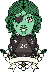 half orc rogue character with natural twenty dice roll illustration