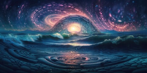 Psychedelic universe awakening, cosmic space and meditative sunrise of calming ocean waves colliding, trippy bright vivid surreal colors, otherworldly milky way nirvana at twilight - generative AI