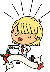 banner with tattoo style businesswoman pointing