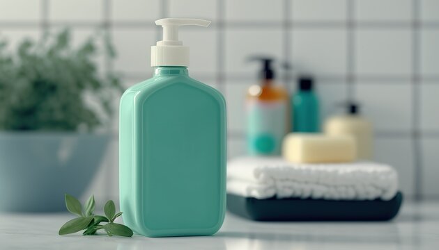 Illustration of liquid soap dispenser bottle in the cozy bathroom interior. Indoor background. AI generative image.