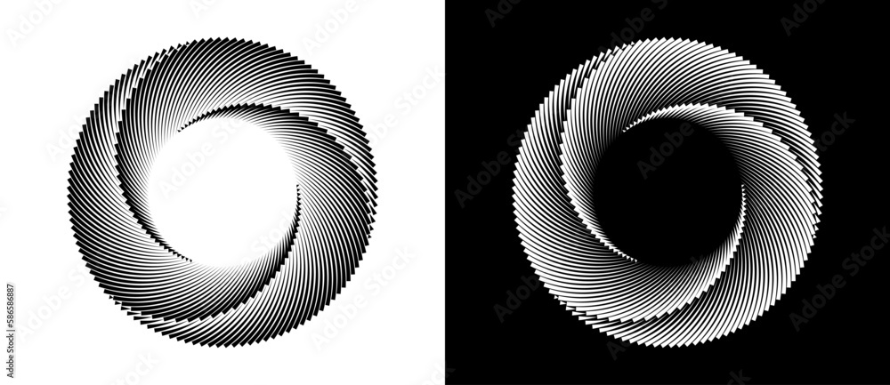 Poster Circle abstract background. Illusion of dynamic transition. Black lines on a white background and white lines on the black side. 3 parts circle.