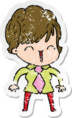 distressed sticker of a cartoon laughing woman