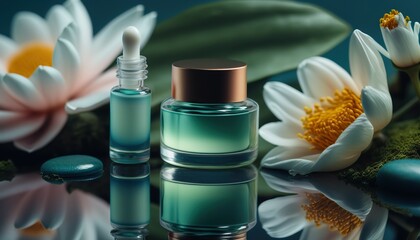 Beauty product cosmetic mockup on beautiful abstract spring nature pond with springtime plants and clean water. Horizontal banner. AI generative image.