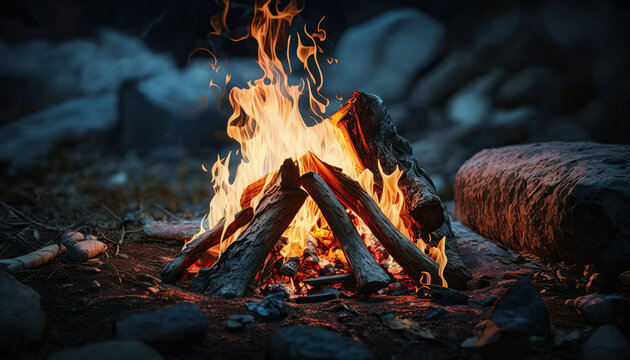 Close up campfire with bright flame. Outdoor background. AI generative image.