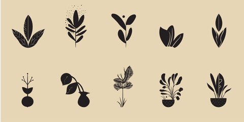 Abstract Botanical elements for minimal design, collections of abstract scandinavian style silhouette drawings. botany set, templates for posters, banners, stickers.